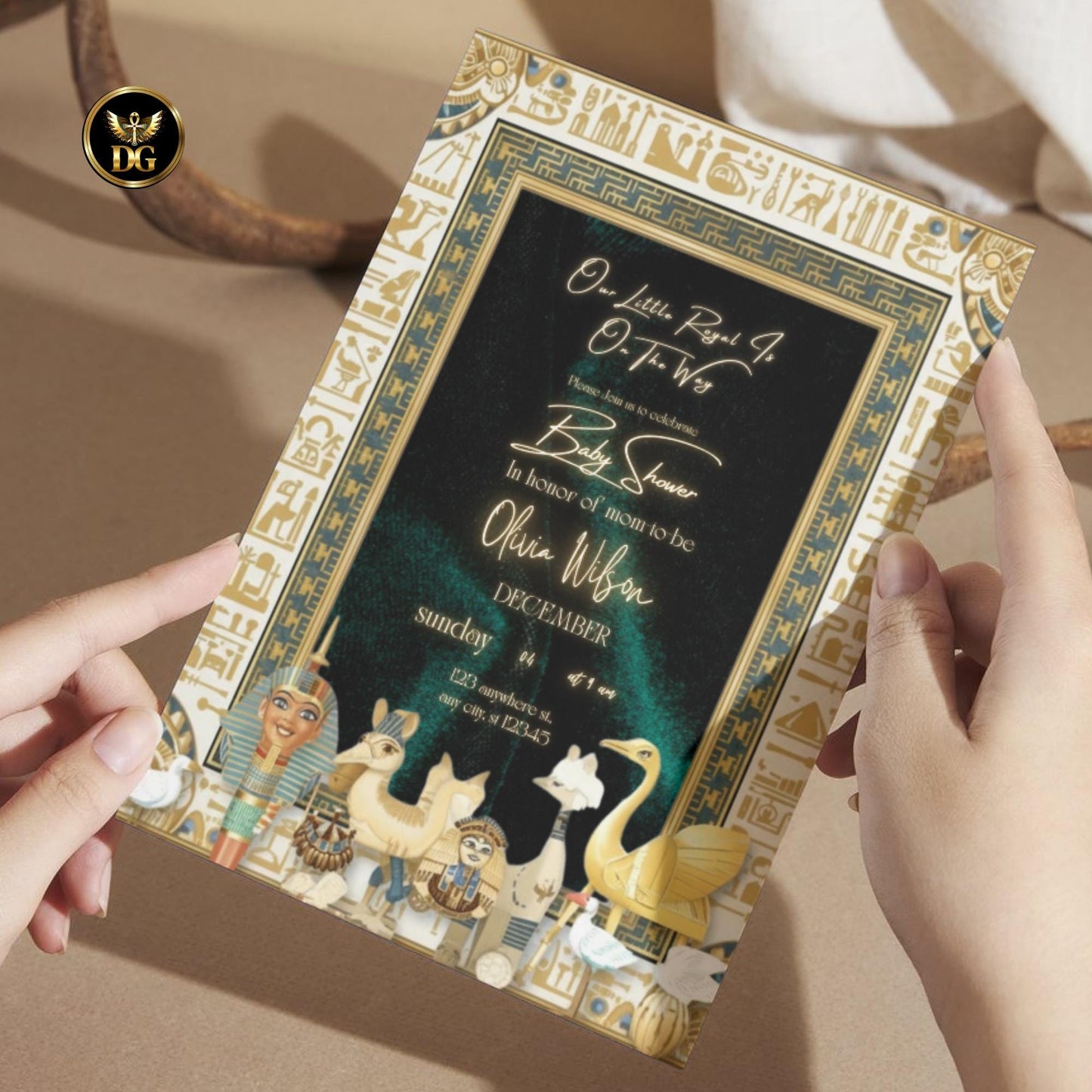 Royal Pharaoh Baby Shower Invitation | Emerald Green Velvet, Gold & White Egyptian Theme | Editable Canva Template for Digital or Print