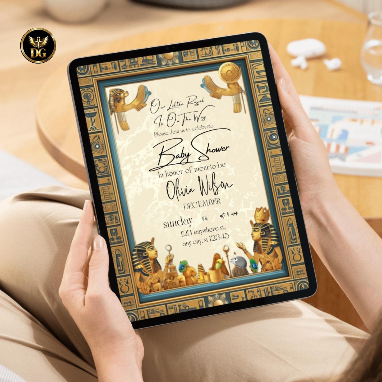 Egyptian Baby Shower Invite | Cream Gold Background & Brown Frame | Elegant Pharaoh Baby Party Editable Canva Template