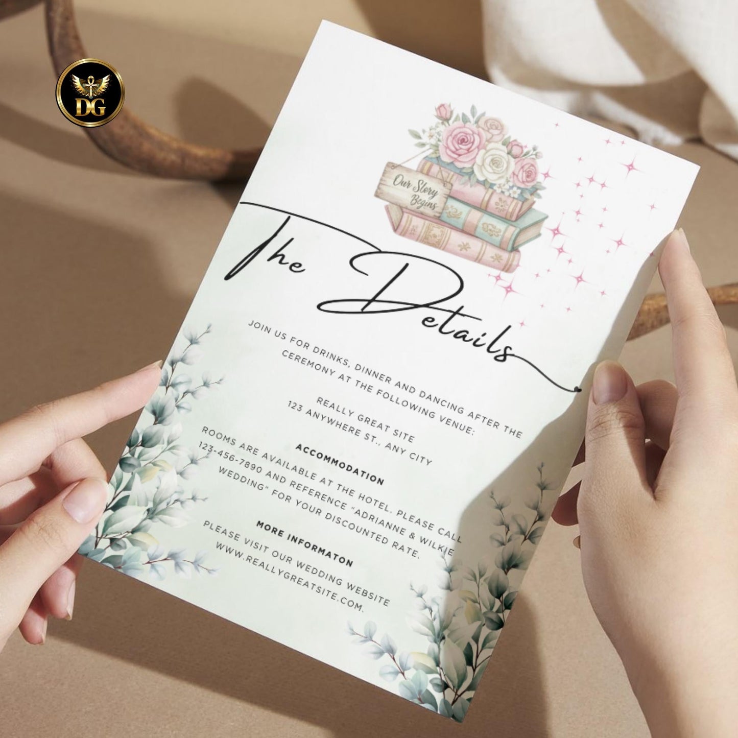 Our Story Begins Wedding Invitation Template – Watercolor Green Leaves, Pink Roses & Books, Editable Canva Digital Download