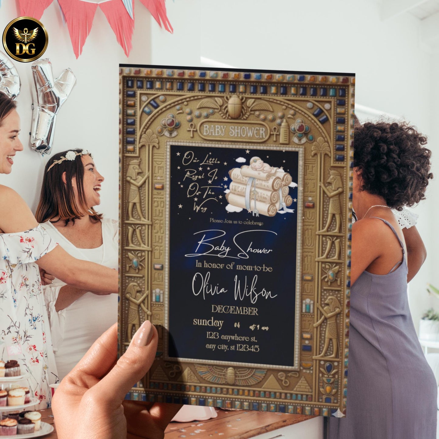 Egyptian Baby Shower Bundle Editable Canva Royal Pharaoh Invitation with Diaper Raffle and Books for Baby Luxury Digital Set