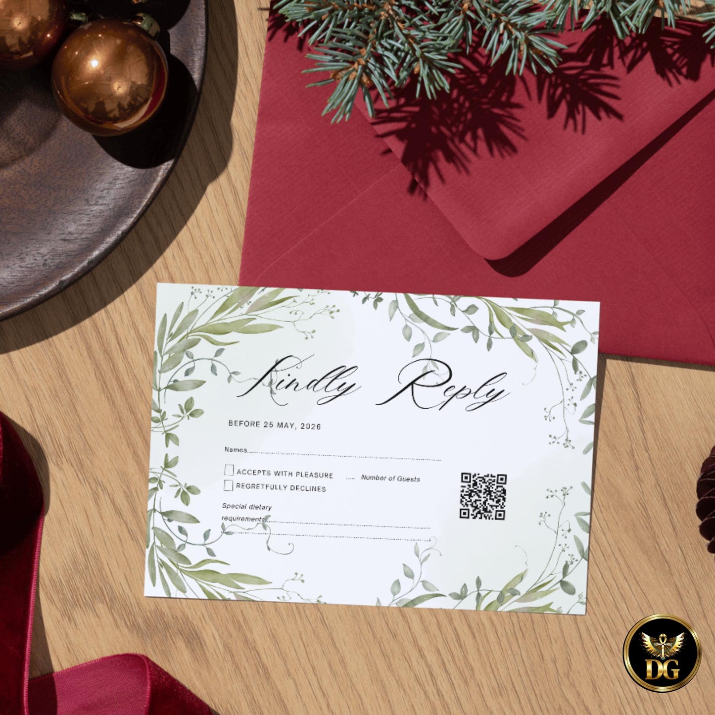 Olive Green Watercolor Wedding Invitation with Olive Leaf Wreath – Editable Canva Template for Elegant Botanical Weddings