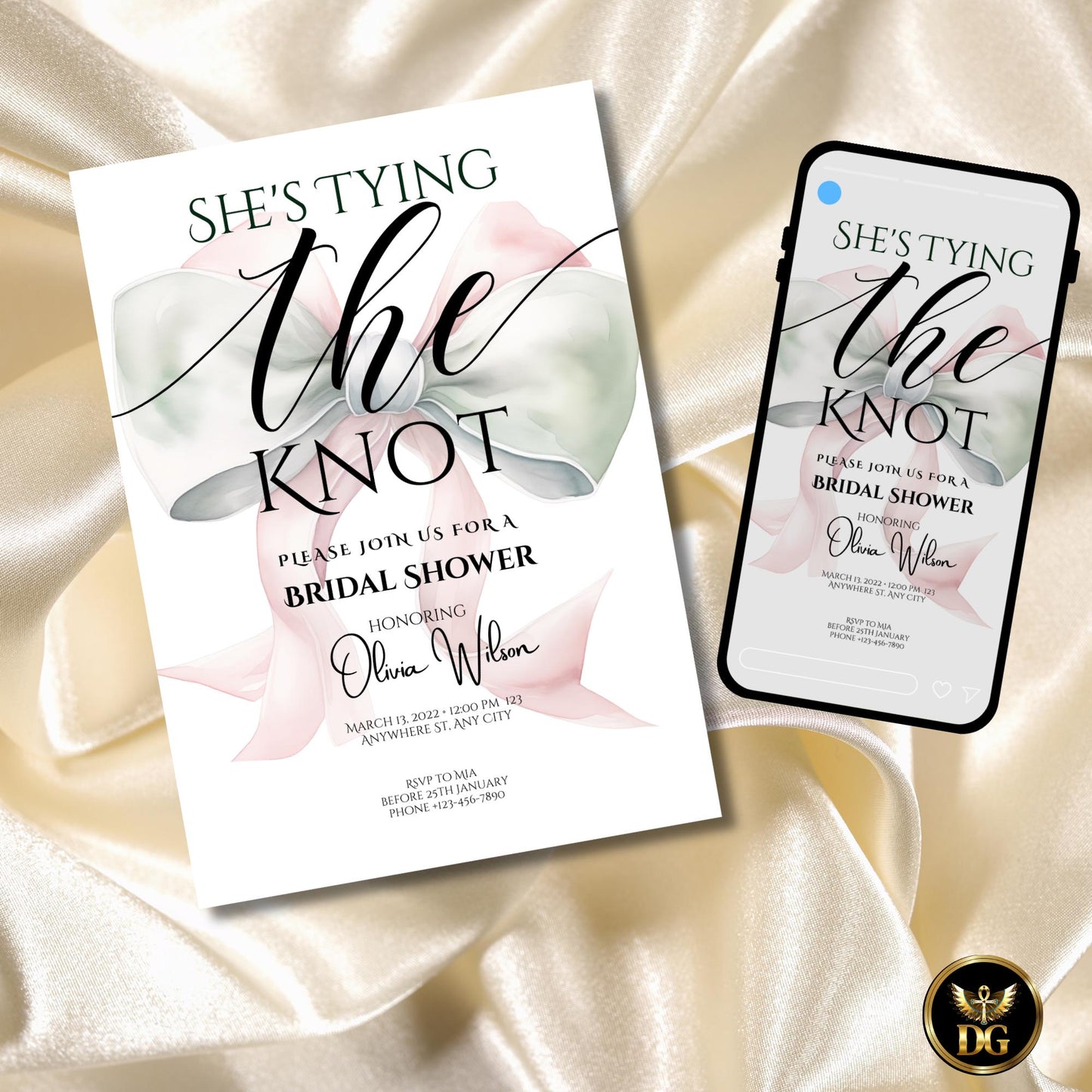 Pink Bow Bridal Shower Welcome Sign Printable, Elegant She’s Tying the Knot Welcome Poster, White & Light Green Bridal Decor