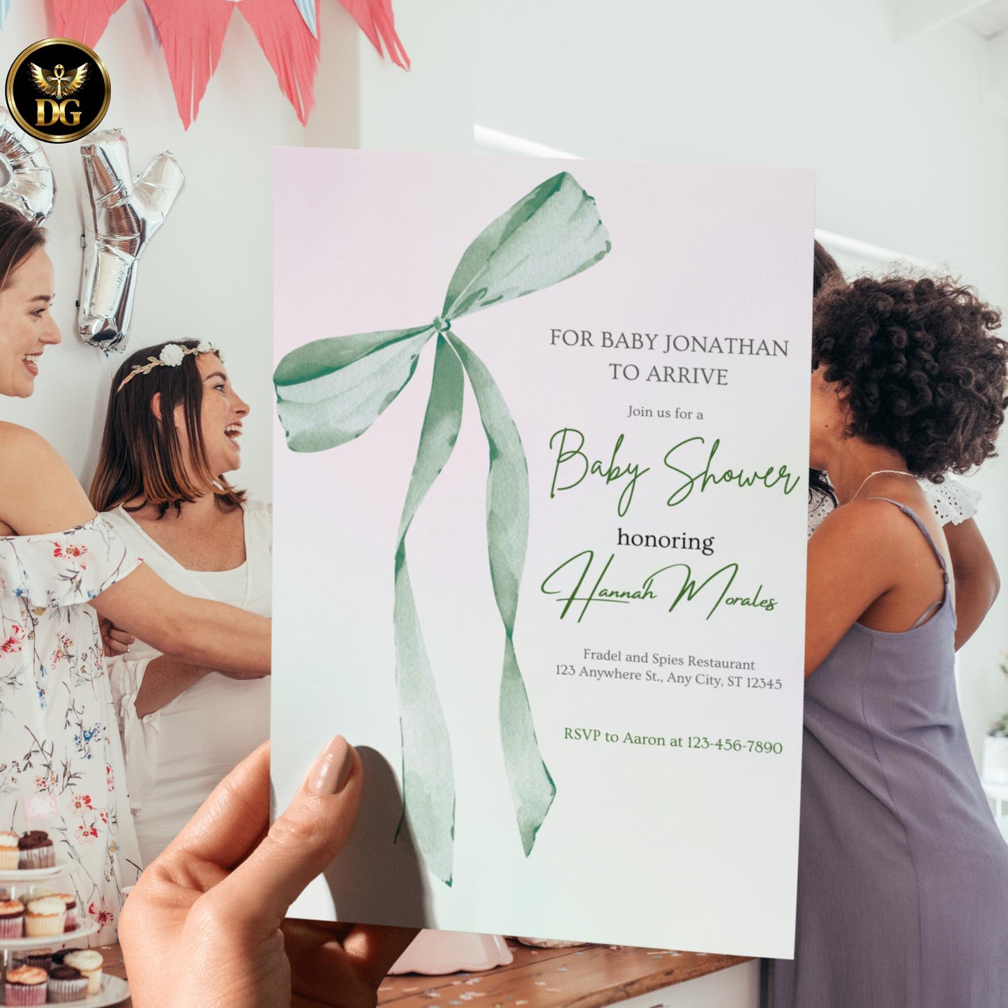 Pastel Mint Green Pink Baby Shower Invitation Template | Editable Canva Digital | Long Ribbon Bow Diaper Raffle, Books for Baby Suite