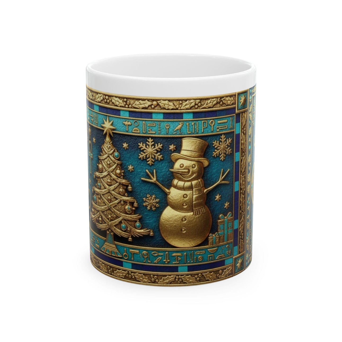Gold Snowman and Christmas Tree Mug | Blue Vintage Holiday Ceramic Mug with Egyptian Blue & Pharaonic Accents