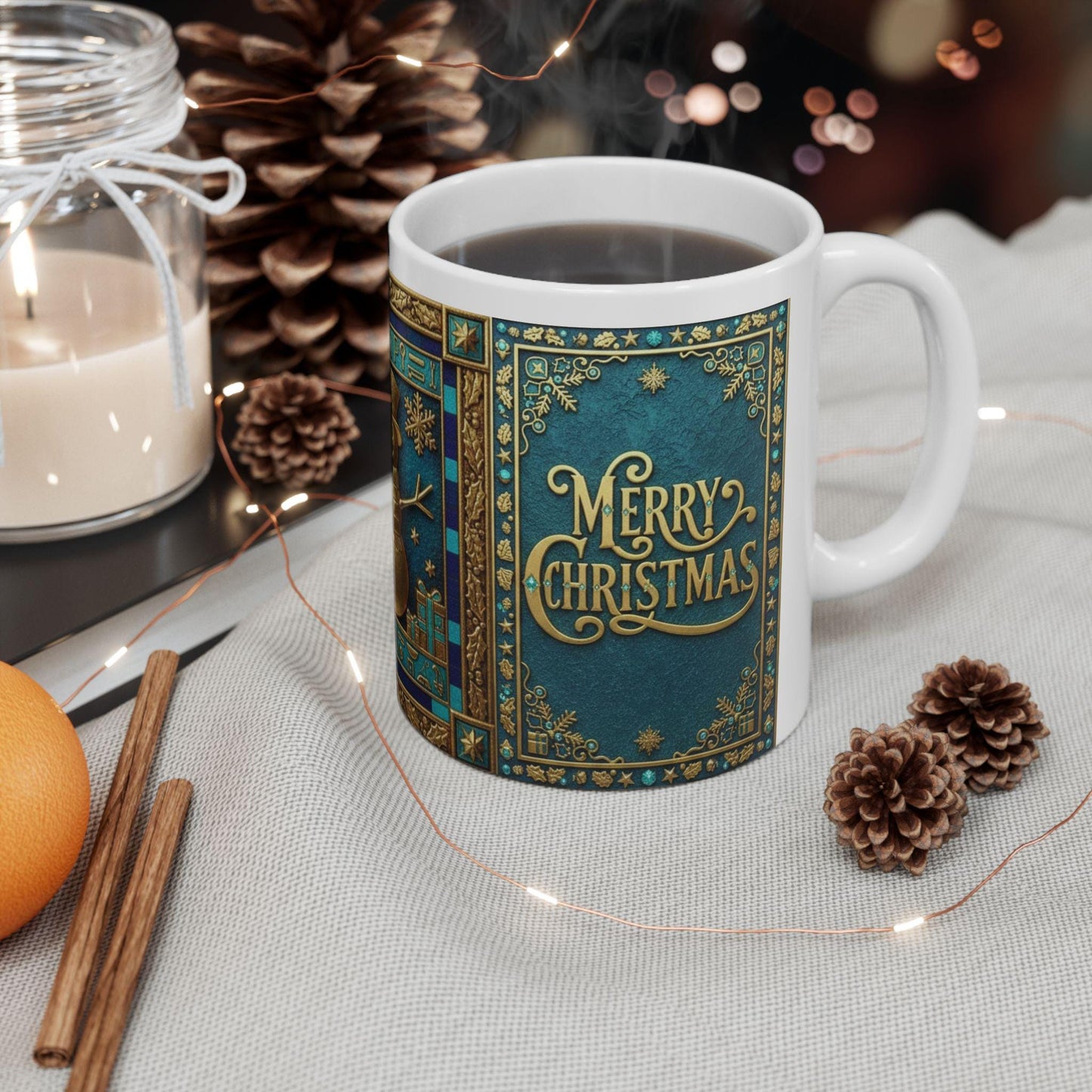 Gold Snowman and Christmas Tree Mug | Blue Vintage Holiday Ceramic Mug with Egyptian Blue & Pharaonic Accents