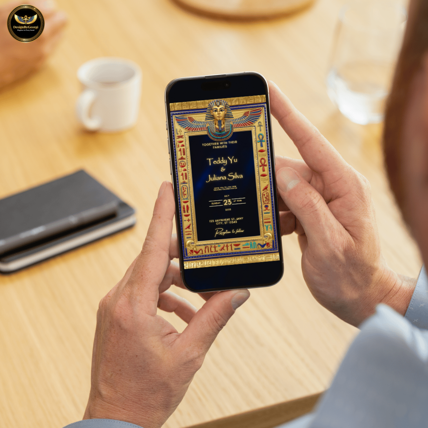 Navy Velvet Egyptian Wedding Invitation – Gold Hieroglyphic Frame & Tutankhamun Mask