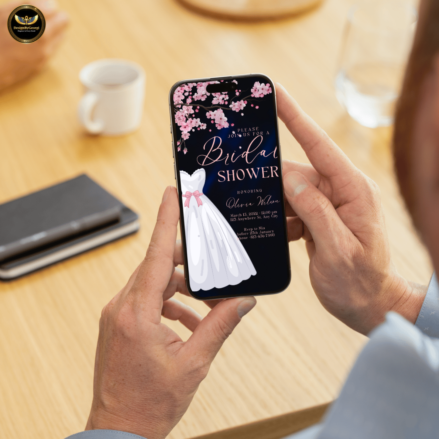 Dusty Rose Bridal Shower Invitation: Cherry Blossom, Navy Digital Template Printable Invitation Template Editable Canva Instant Download