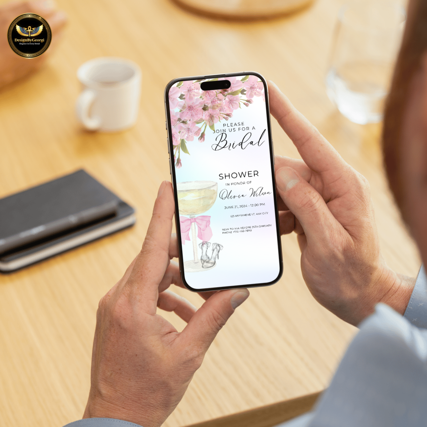 Elegant Pastel Pink Bridal Shower Invitation with Champagne Glass, Pink Bow, Wedding Shoes, Pink Floral Accents, Editable Canva Template, Digital & Printable