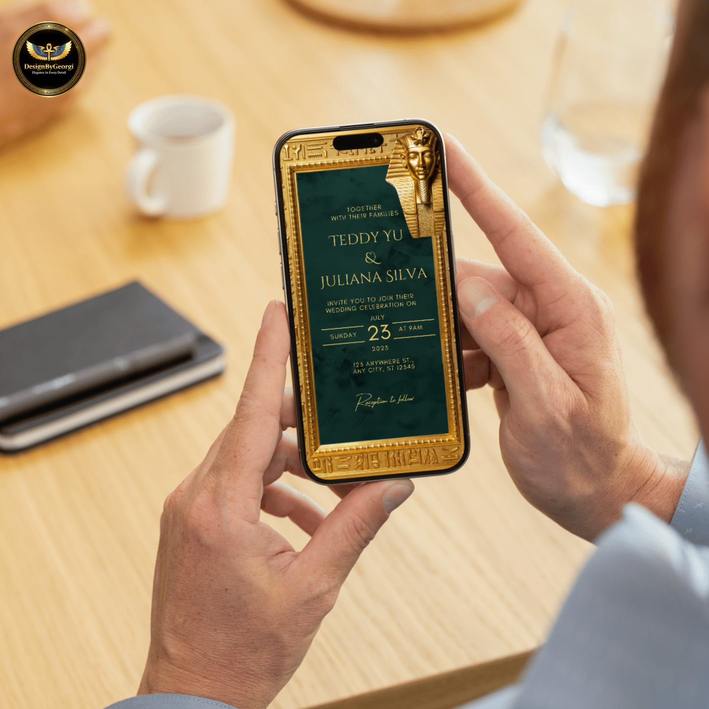 Emerald Velvet Egyptian Wedding Invitation – Gold Hieroglyphic Frame & Tutankhamun Mask