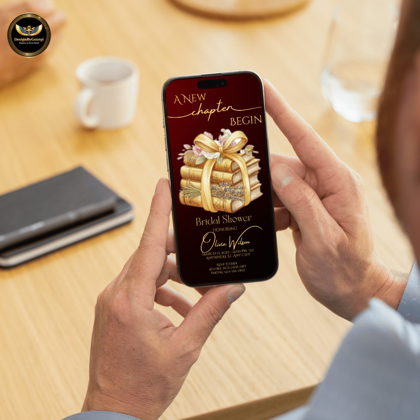 New Chapter Begins – Burgundy & Gold Bridal Shower Invitation