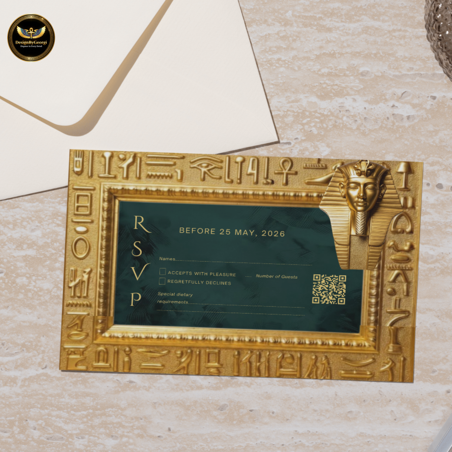 Emerald Velvet Egyptian Wedding Invitation – Gold Hieroglyphic Frame & Tutankhamun Mask