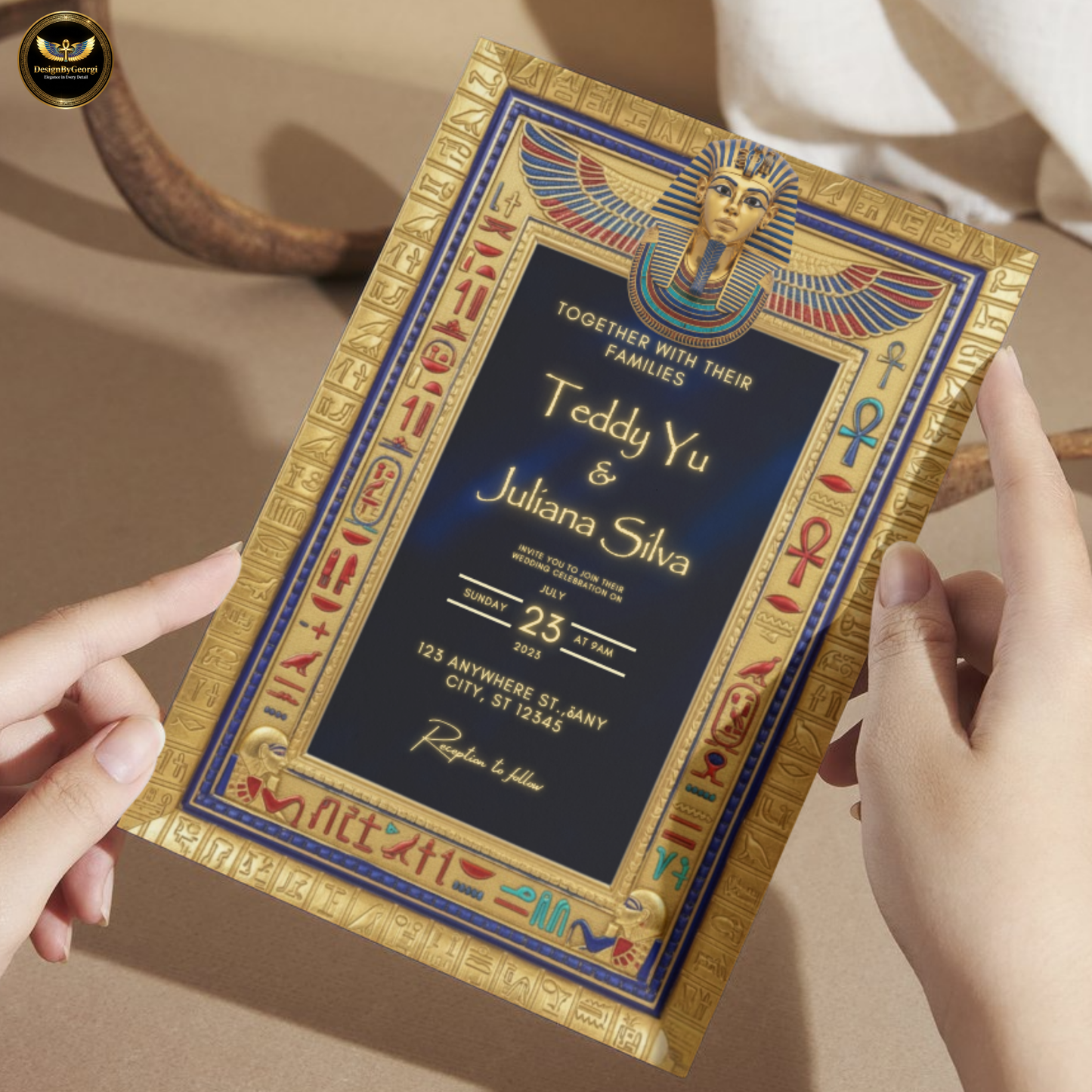 Navy Velvet Egyptian Wedding Invitation – Gold Hieroglyphic Frame & Tutankhamun Mask