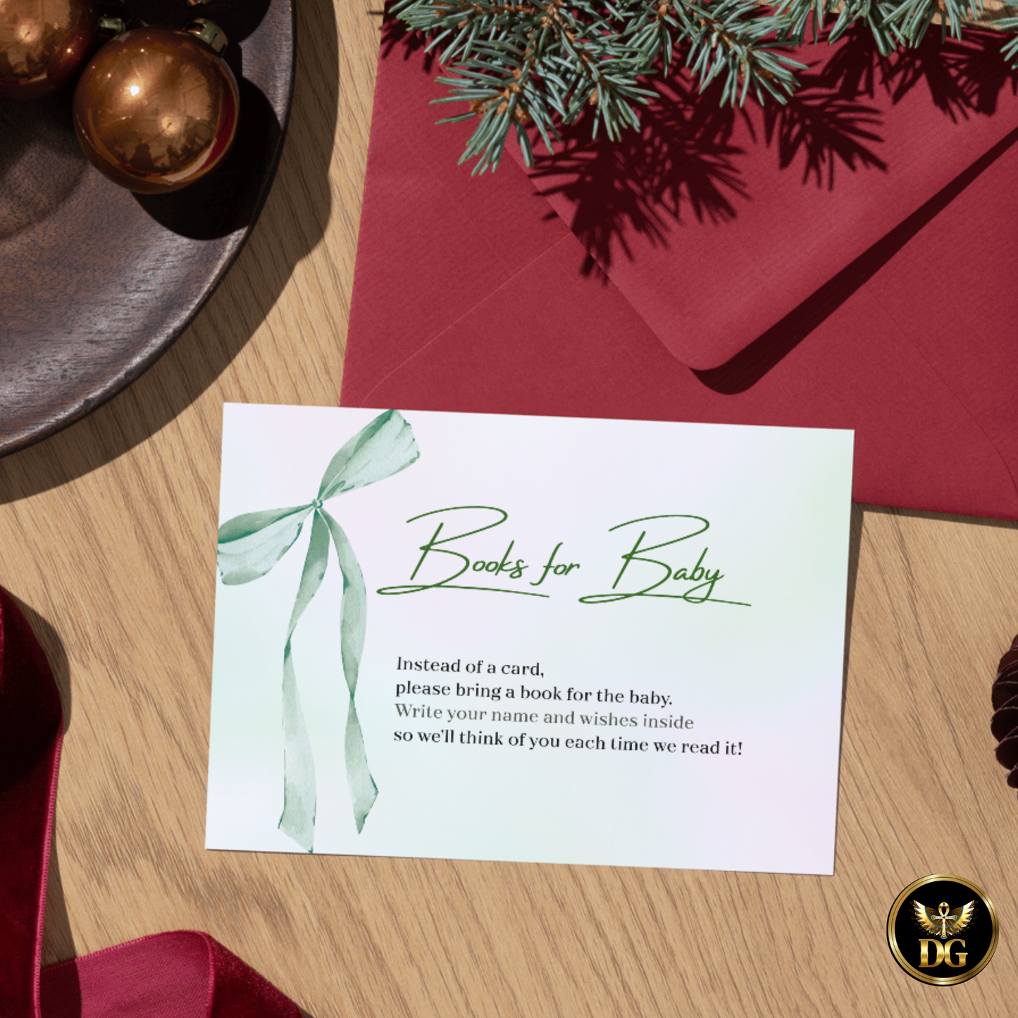 Pastel Mint Green Pink Baby Shower Invitation Template | Editable Canva Digital | Long Ribbon Bow Diaper Raffle, Books for Baby Suite