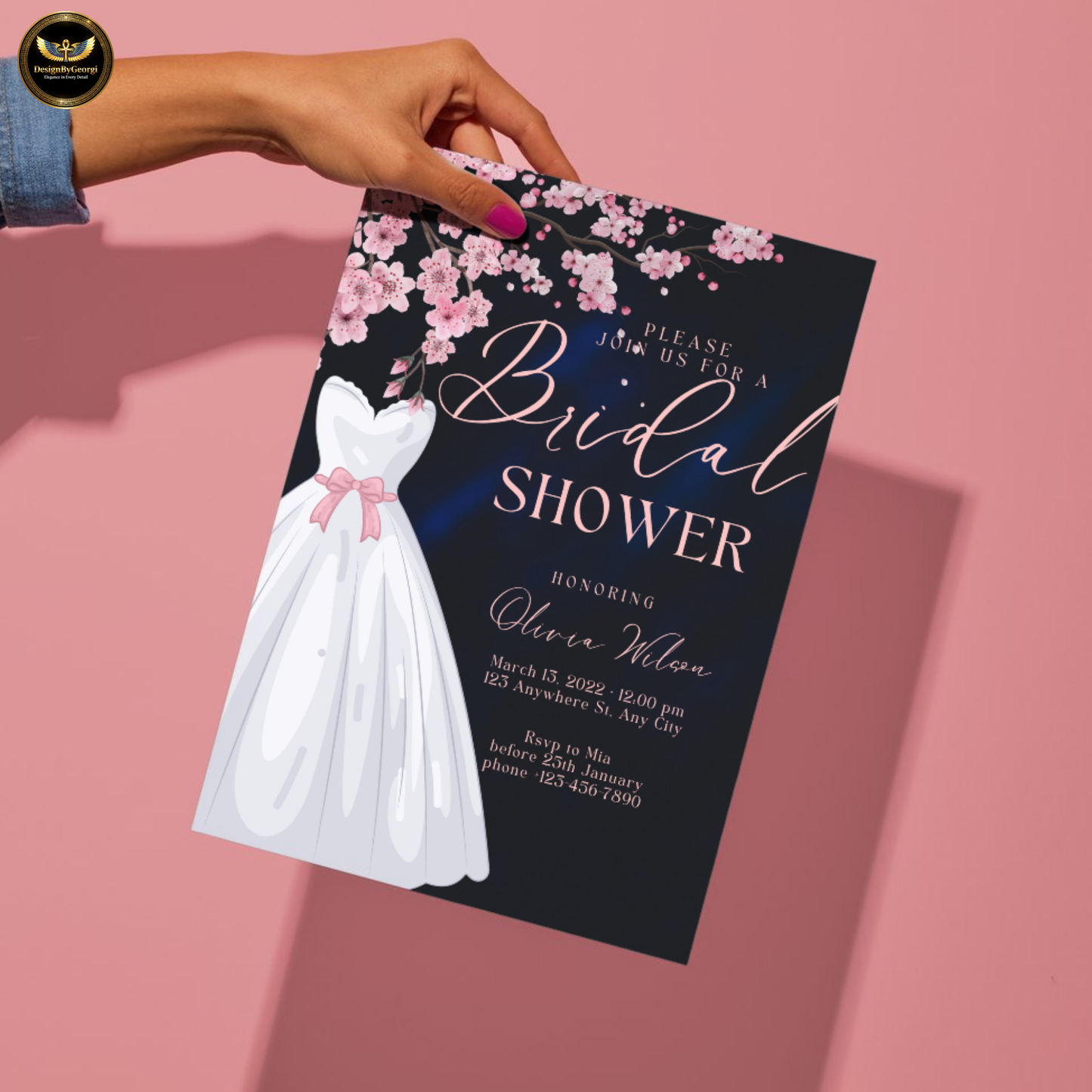Dusty Rose Bridal Shower Invitation: Cherry Blossom, Navy Digital Template Printable Invitation Template Editable Canva Instant Download