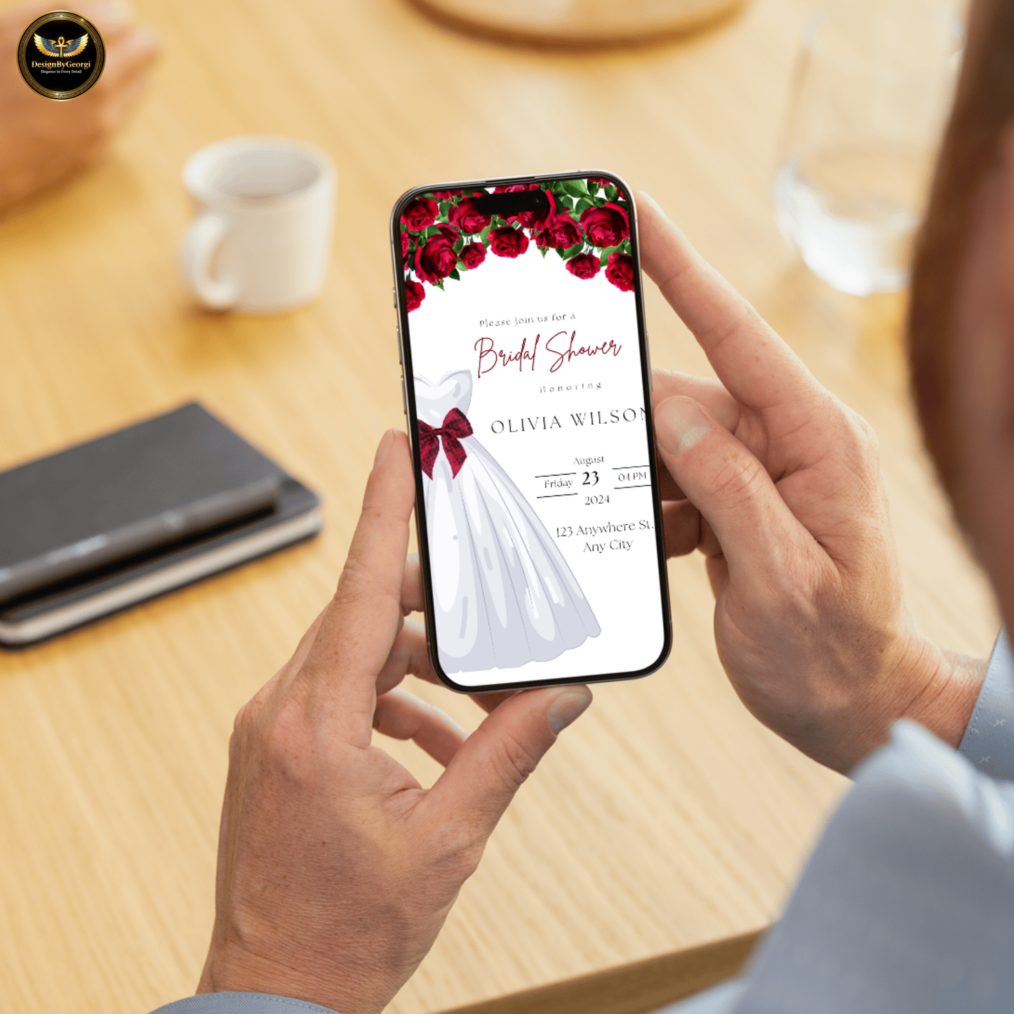 Red Floral Bridal Shower Invitation Template, White Wedding Dress with Red Bow, Elegant Bridal Shower Invite, Editable Canva