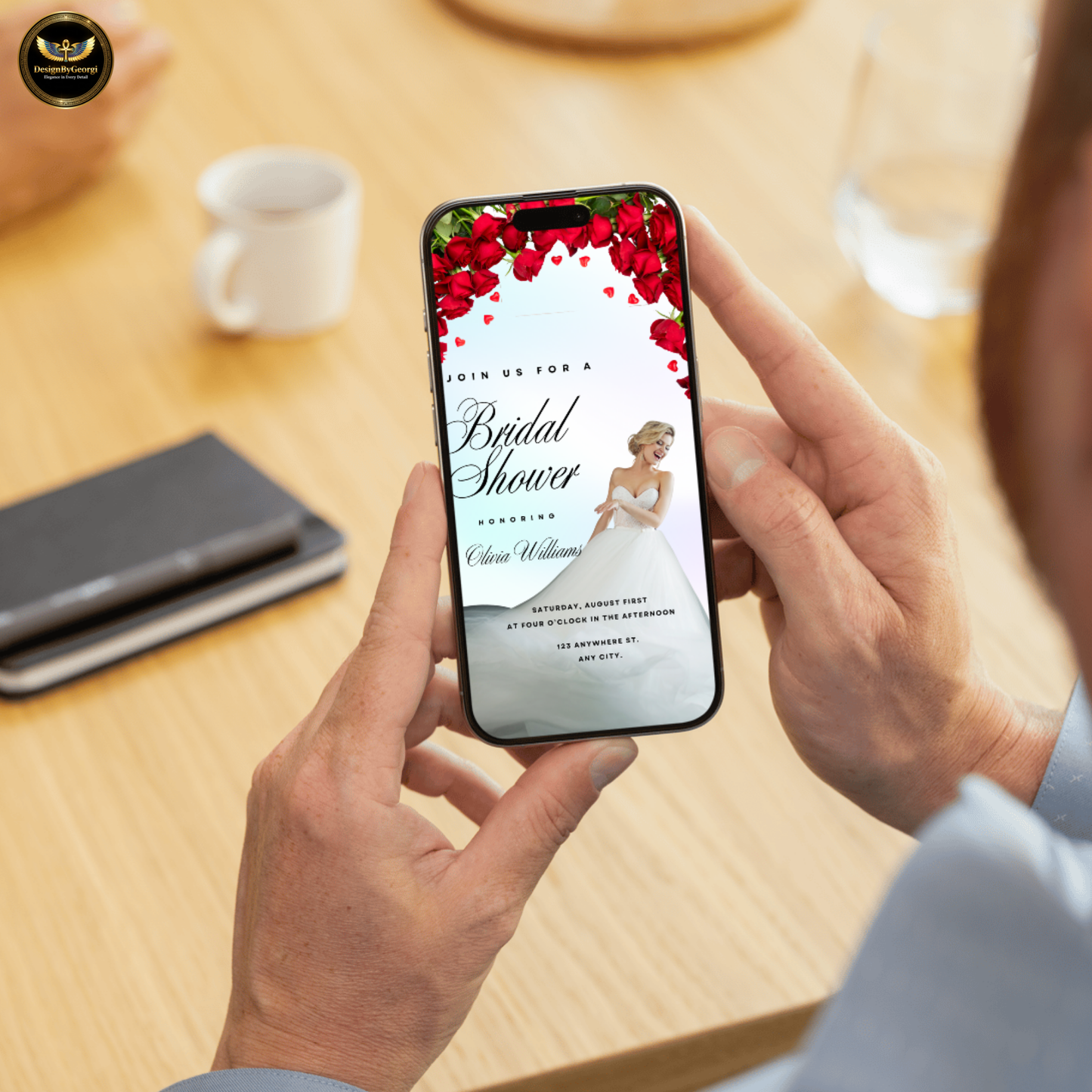 Pastel Shimmer Bridal Shower Invitation Template, Real Bride Twirling, Red Floral Arch, Elegant Bridal Shower Invite, Editable Canva