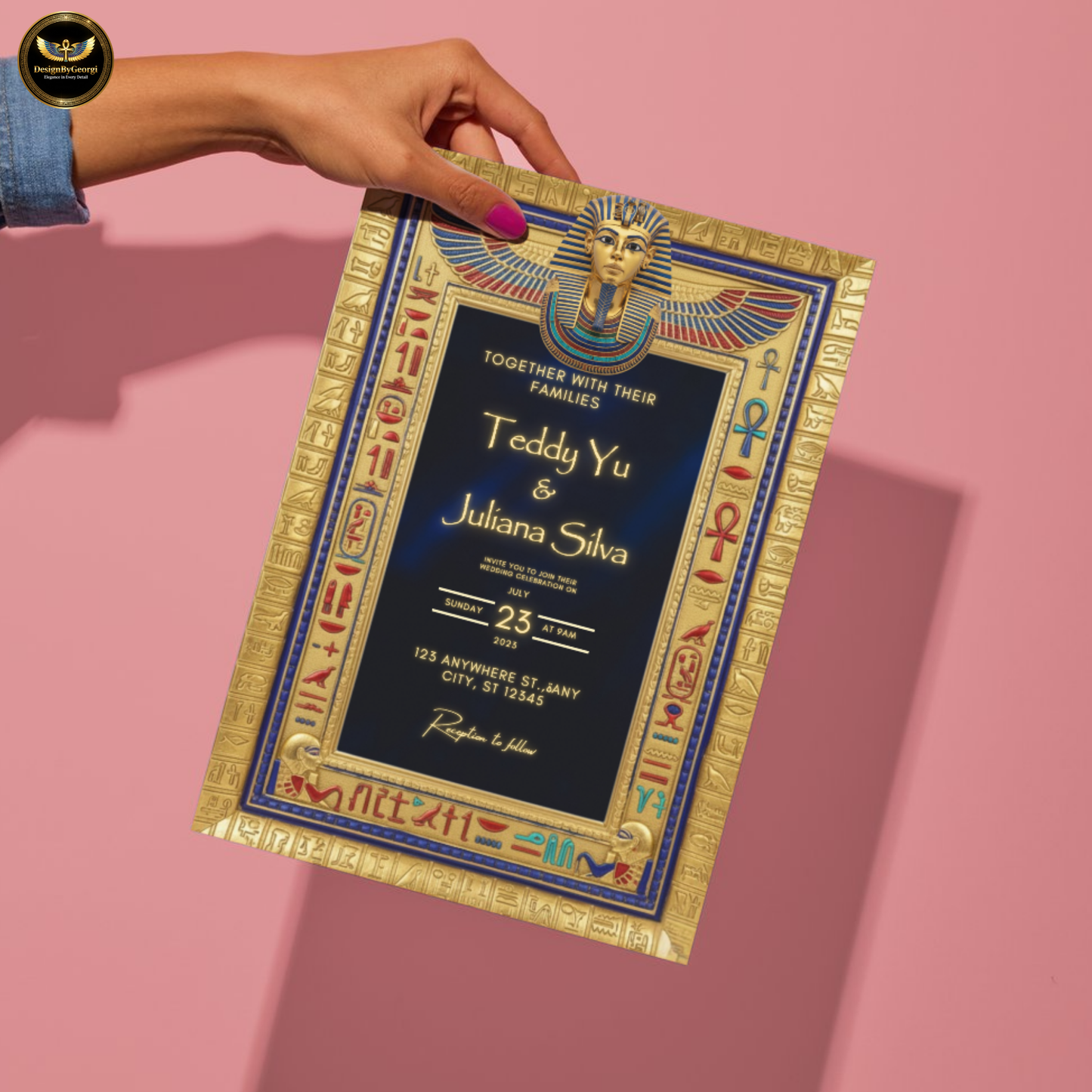 Navy Velvet Egyptian Wedding Invitation – Gold Hieroglyphic Frame & Tutankhamun Mask