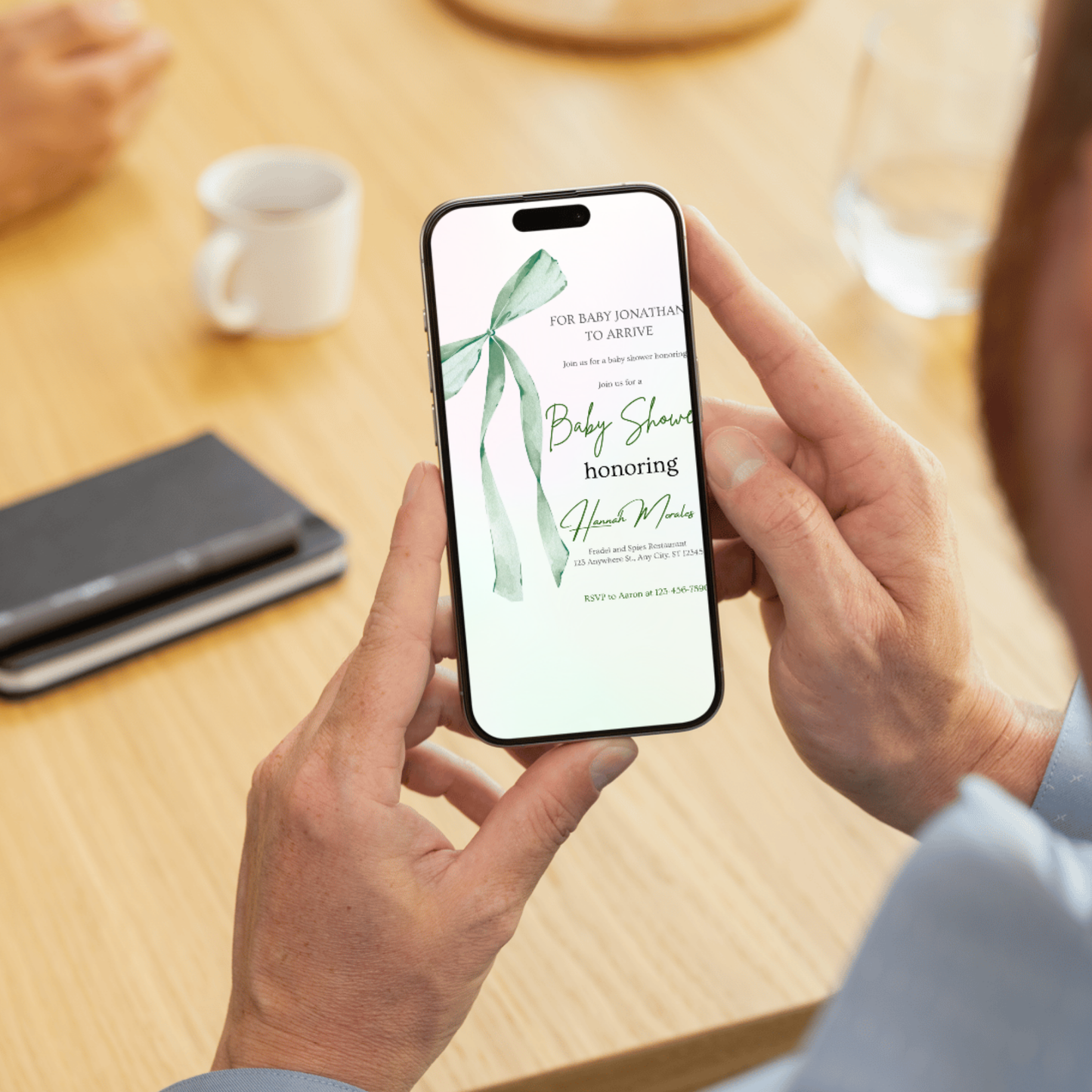 Pastel Mint Green Pink Baby Shower Invitation Template | Editable Canva Digital | Long Ribbon Bow Diaper Raffle, Books for Baby Suite