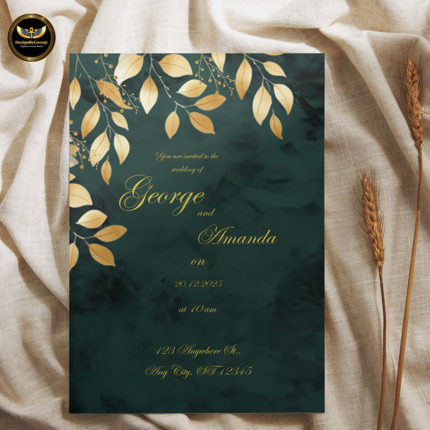 Emerald Velvet Wedding Invitation Suite – New Edition, Golden Leaf Botanical Design, Luxurious Elegant Editable Canva Set