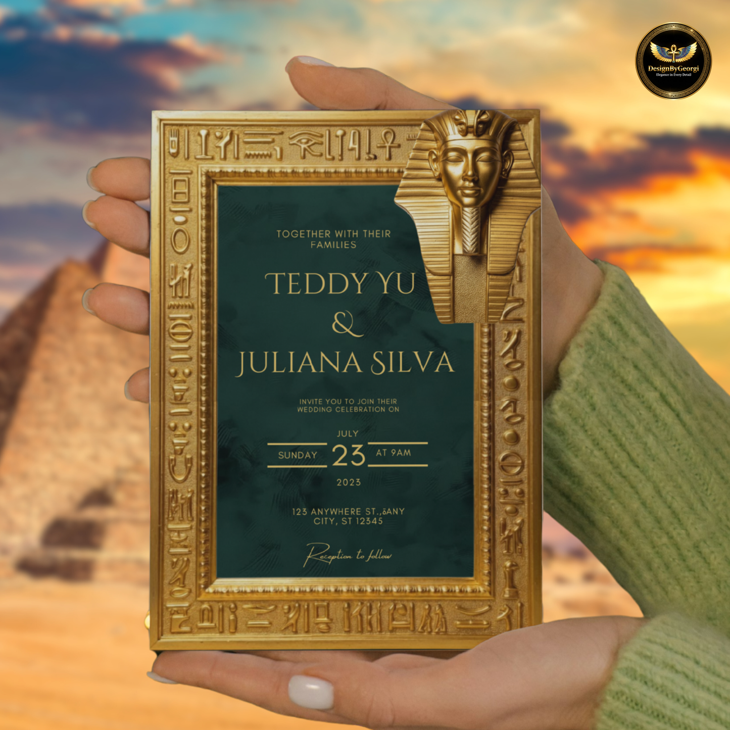 Emerald Velvet Egyptian Wedding Invitation – Gold Hieroglyphic Frame & Tutankhamun Mask