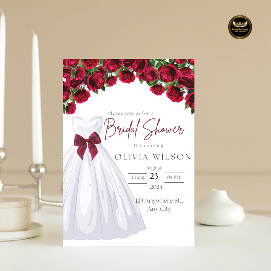 Red Floral Bridal Shower Invitation Template, White Wedding Dress with Red Bow, Elegant Bridal Shower Invite, Editable Canva
