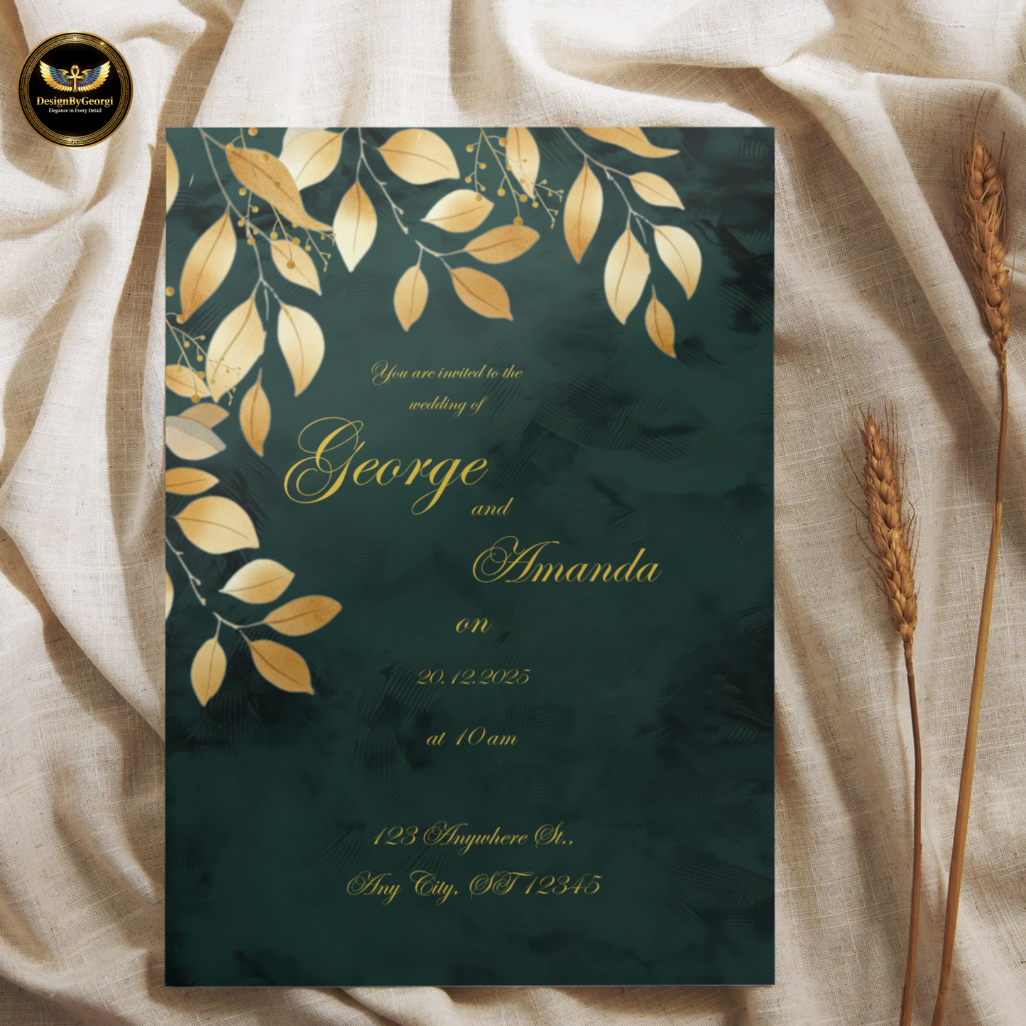 Emerald Velvet Wedding Invitation, Golden Leaf Botanical Design, Luxury Elegant Invite, Editable Canva Main & Digital Version