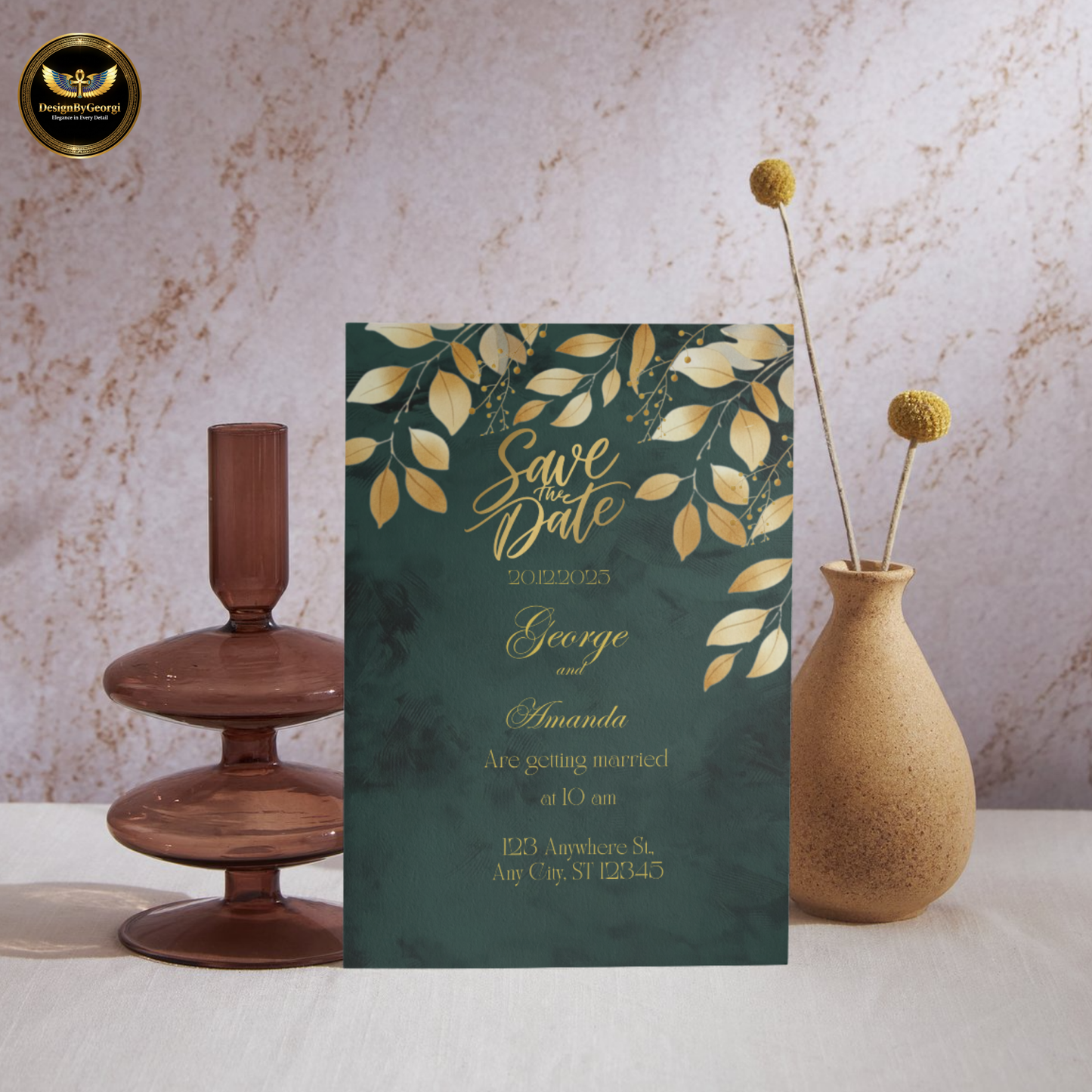 Emerald Velvet Wedding Invitation Suite – New Edition, Golden Leaf Botanical Design, Luxurious Elegant Editable Canva Set