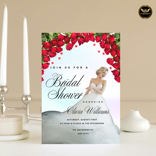 Pastel Shimmer Bridal Shower Invitation Template, Real Bride Twirling, Red Floral Arch, Elegant Bridal Shower Invite, Editable Canva