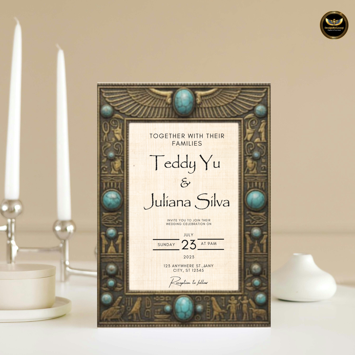 Vintage frame – Turquoise jewelry – Creamy papyrus background – Egyptian luxury style