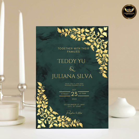 Emerald Green & Gold Luxury Wedding Invitation Template, Dark Velvet Green, Elegant Gold Leaf Corners, Editable Canva