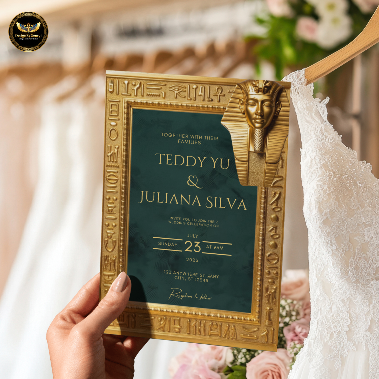 Emerald Velvet Egyptian Wedding Invitation – Gold Hieroglyphic Frame & Tutankhamun Mask