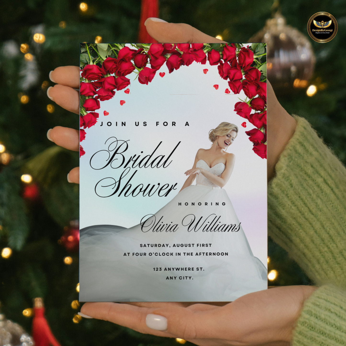 Pastel Shimmer Bridal Shower Invitation Template, Real Bride Twirling, Red Floral Arch, Elegant Bridal Shower Invite, Editable Canva