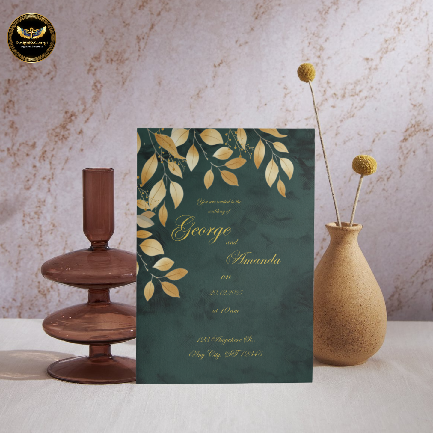 Emerald Velvet Wedding Invitation, Golden Leaf Botanical Design, Luxury Elegant Invite, Editable Canva Main & Digital Version