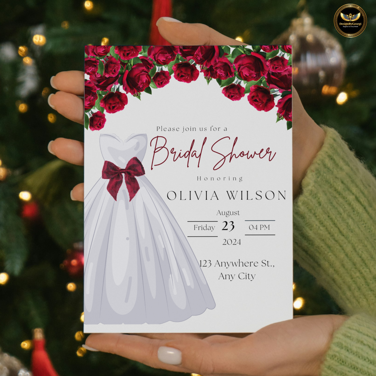 Red Floral Bridal Shower Invitation Template, White Wedding Dress with Red Bow, Elegant Bridal Shower Invite, Editable Canva