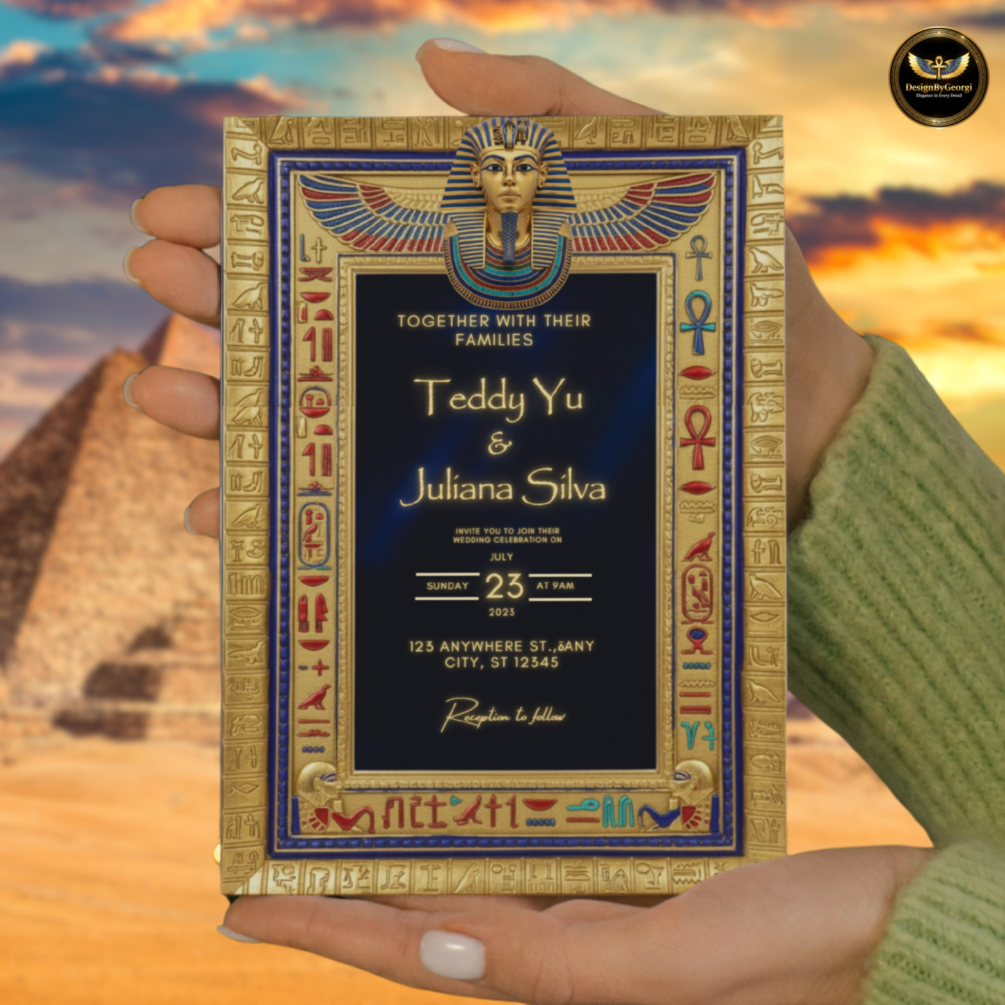 Navy Velvet Egyptian Wedding Invitation – Gold Hieroglyphic Frame & Tutankhamun Mask