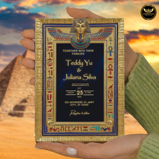 Navy Velvet Egyptian Wedding Invitation – Gold Hieroglyphic Frame & Tutankhamun Mask