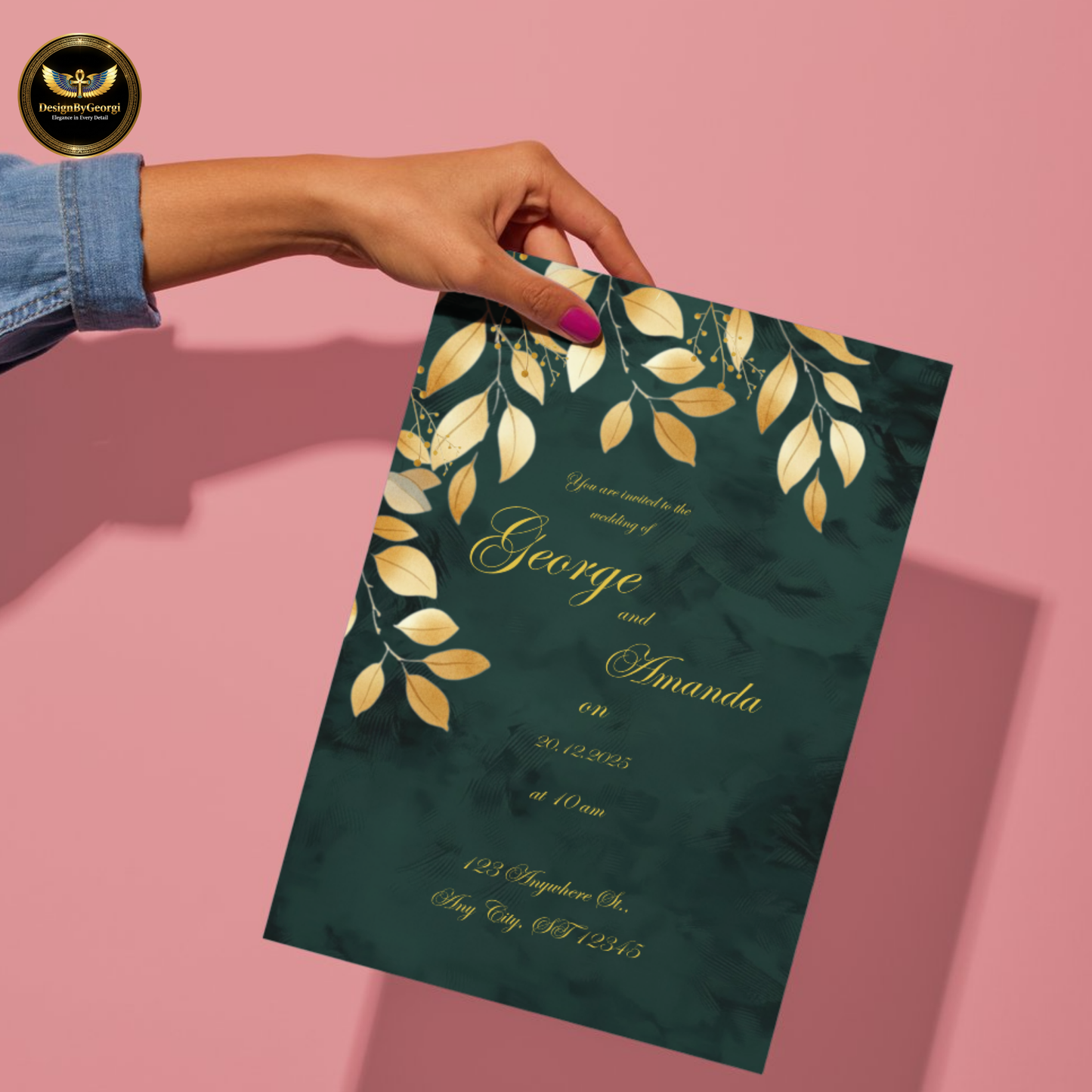 Emerald Velvet Wedding Invitation, Golden Leaf Botanical Design, Luxury Elegant Invite, Editable Canva Main & Digital Version