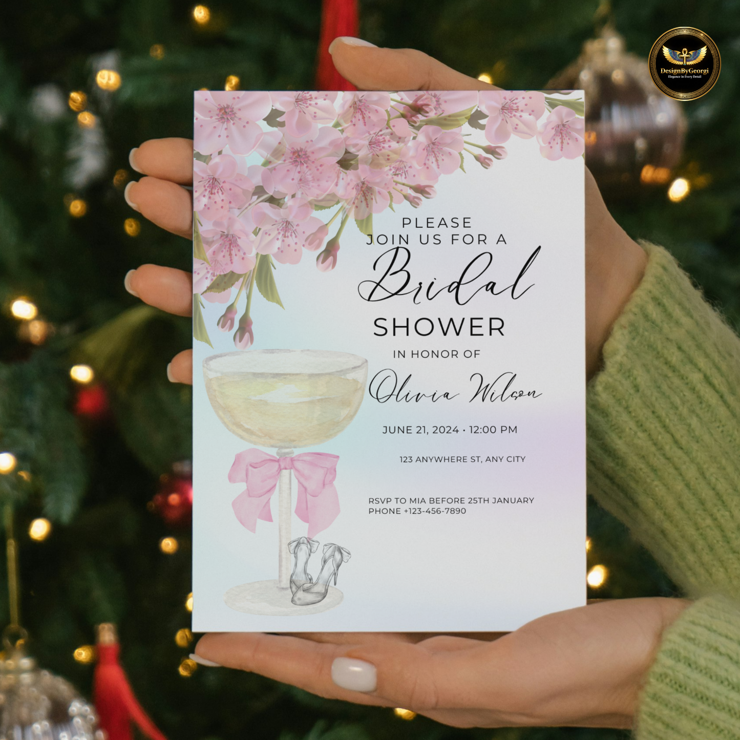 Elegant Pastel Pink Bridal Shower Invitation with Champagne Glass, Pink Bow, Wedding Shoes, Pink Floral Accents, Editable Canva Template, Digital & Printable