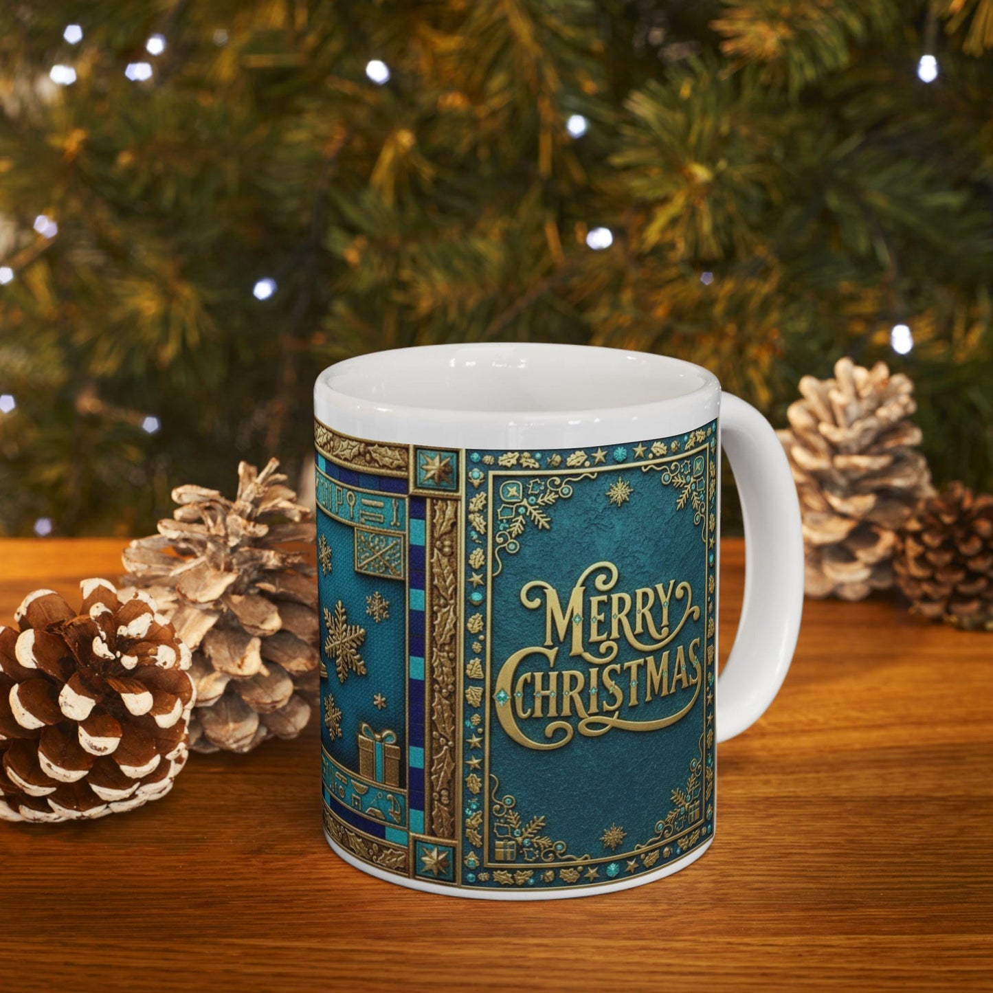 Vintage Ice Skates Christmas Mug | Holiday Snowflake Ceramic MugGilded Holiday Mug with Egyptian Blue & Pharaonic Accents