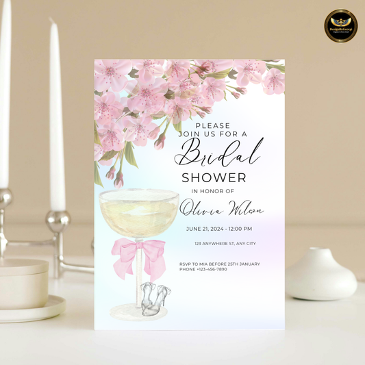 Elegant Pastel Pink Bridal Shower Invitation with Champagne Glass, Pink Bow, Wedding Shoes, Pink Floral Accents, Editable Canva Template, Digital & Printable