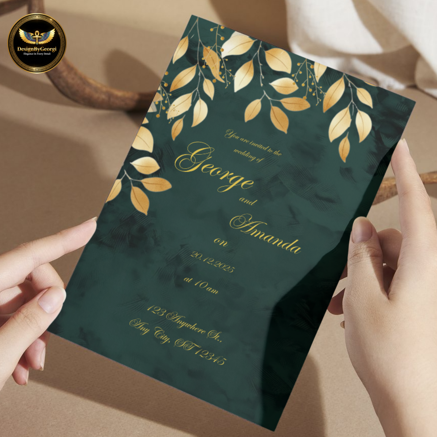Emerald Velvet Wedding Invitation Suite – New Edition, Golden Leaf Botanical Design, Luxurious Elegant Editable Canva Set