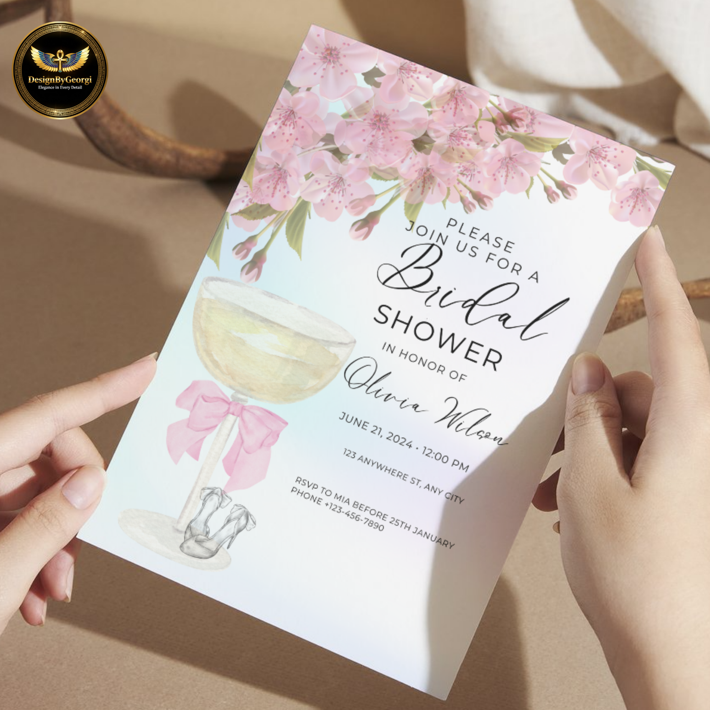 Elegant Pastel Pink Bridal Shower Invitation with Champagne Glass, Pink Bow, Wedding Shoes, Pink Floral Accents, Editable Canva Template, Digital & Printable