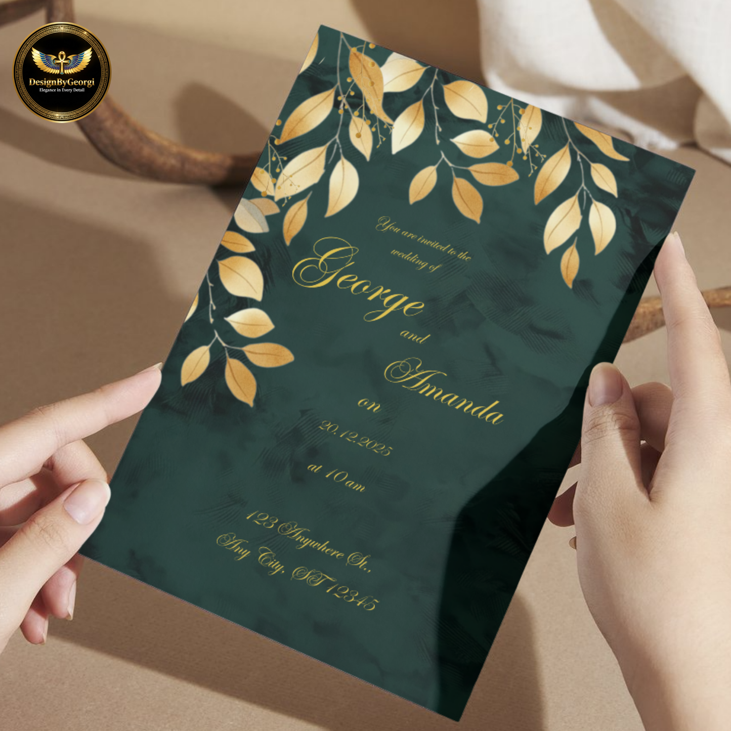 Emerald Velvet Wedding Invitation, Golden Leaf Botanical Design, Luxury Elegant Invite, Editable Canva Main & Digital Version
