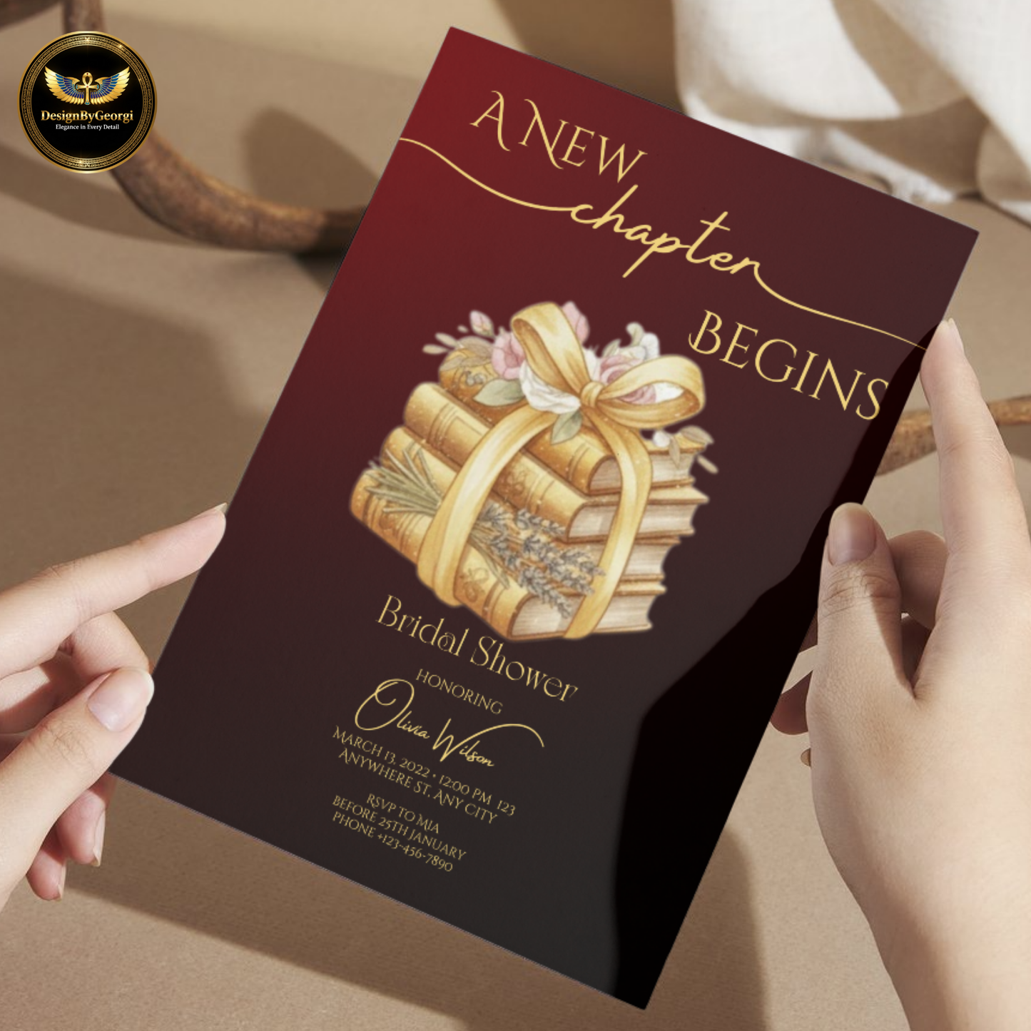 New Chapter Begins – Burgundy & Gold Bridal Shower Invitation