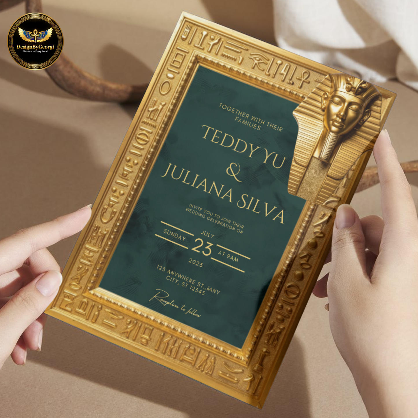 Emerald Velvet Egyptian Wedding Invitation – Gold Hieroglyphic Frame & Tutankhamun Mask