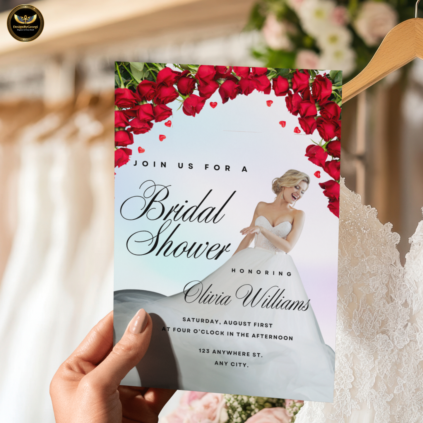 Pastel Shimmer Bridal Shower Invitation Template, Real Bride Twirling, Red Floral Arch, Elegant Bridal Shower Invite, Editable Canva