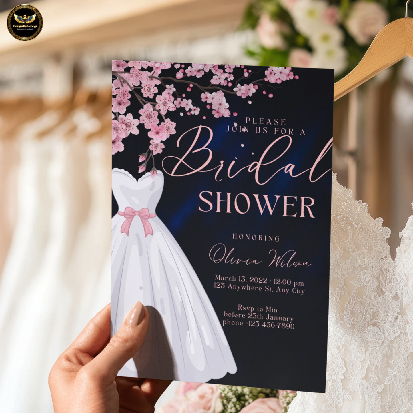 Dusty Rose Bridal Shower Invitation: Cherry Blossom, Navy Digital Template Printable Invitation Template Editable Canva Instant Download