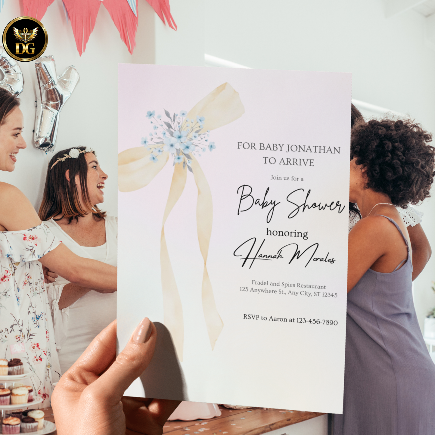 Yellow Ribbon Bow Baby Shower Invitation | Pastel Pink & Blue Editable Canva Template