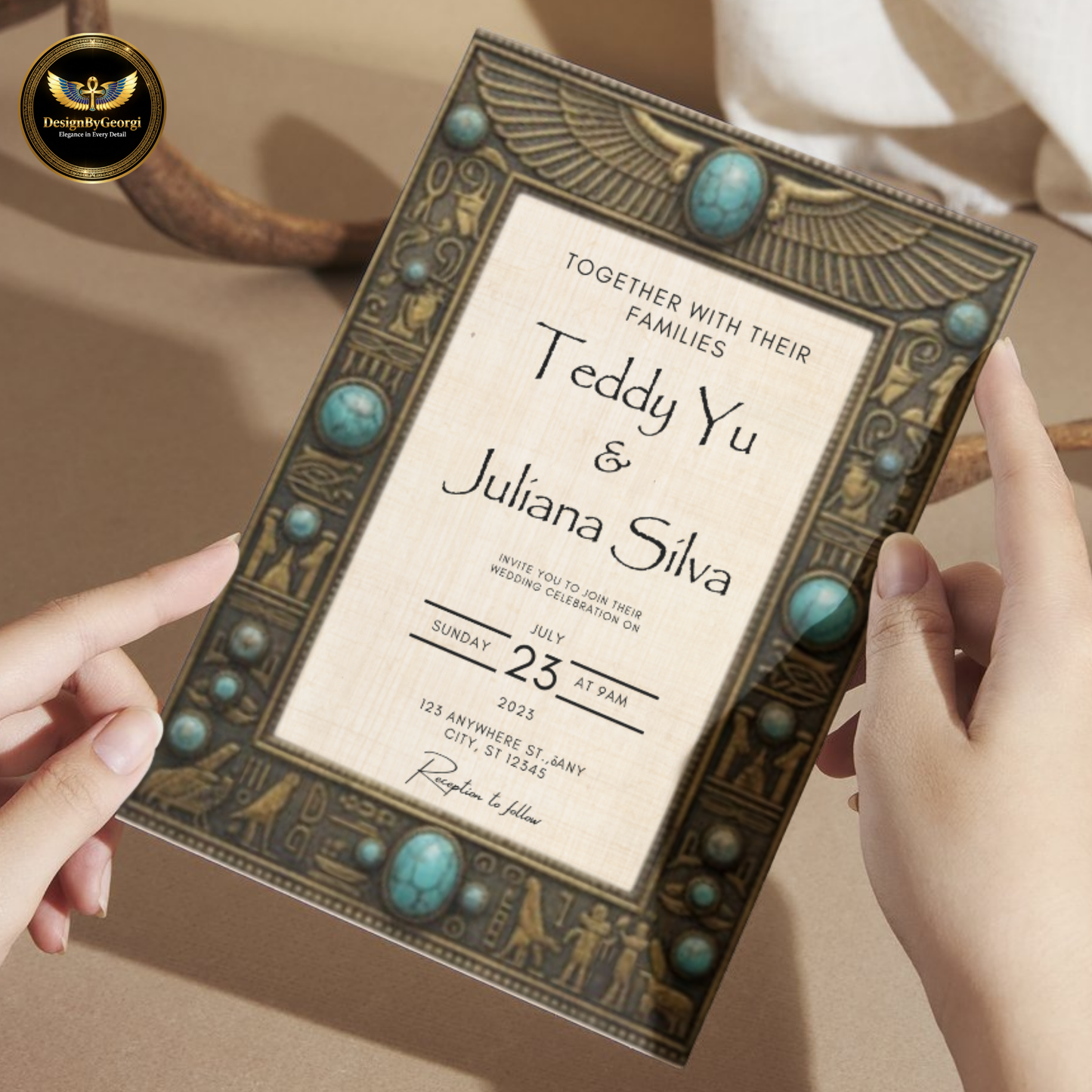 Vintage frame – Turquoise jewelry – Creamy papyrus background – Egyptian luxury style