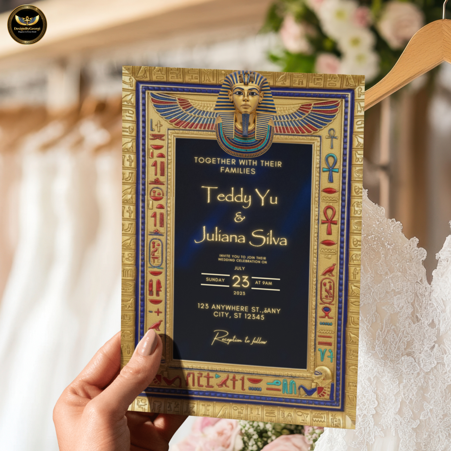Navy Velvet Egyptian Wedding Invitation – Gold Hieroglyphic Frame & Tutankhamun Mask